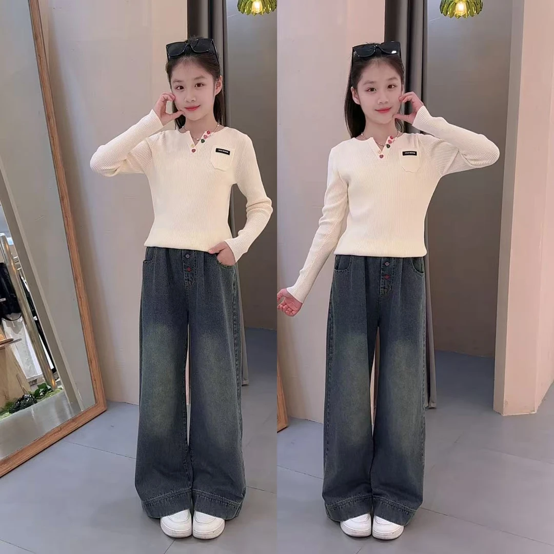 女童春秋长袖打底衫套装彩扣阔腿裤休闲百搭新款中大童裤子套装