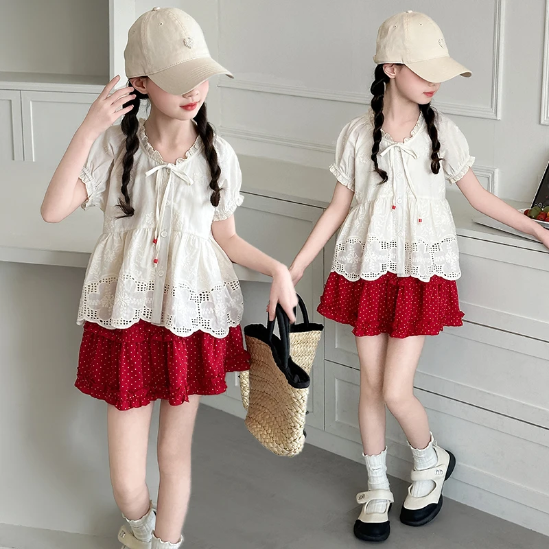 女童绣花衬衫套装裙夏季2025新款儿童娃娃衫红色波点半身裙两件套