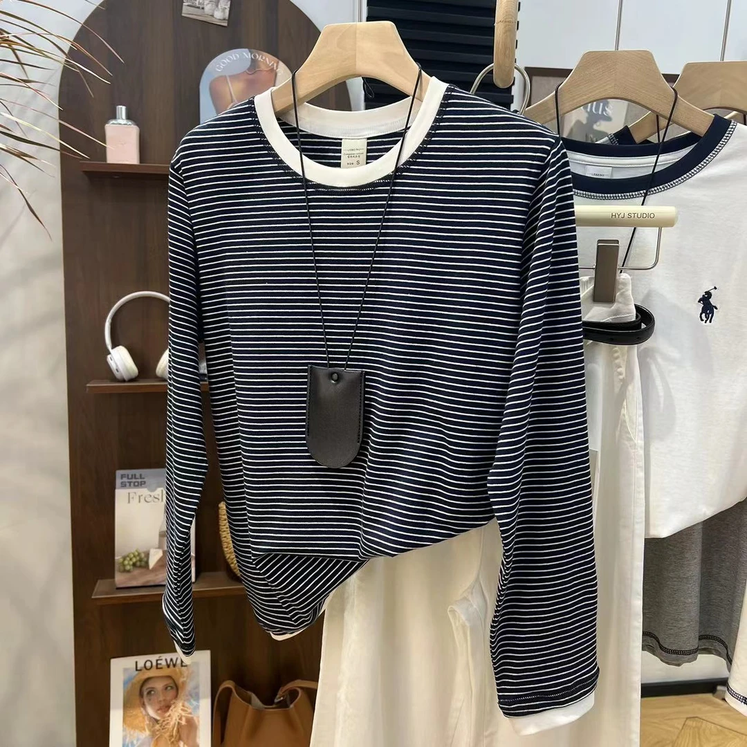 秋季长袖上新·外贸品质假两件设计感宽松时尚百搭条纹T恤24180