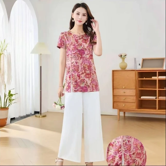 新中式国风盘扣短袖旗袍衬衫阔腿裤时尚套装#A22