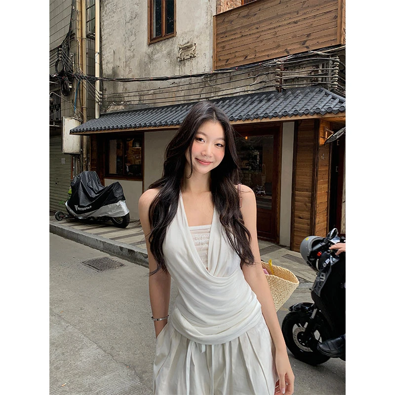 withmin凉皮 朦胧诗集 v领假两件褶皱吊带背心上衣2522398