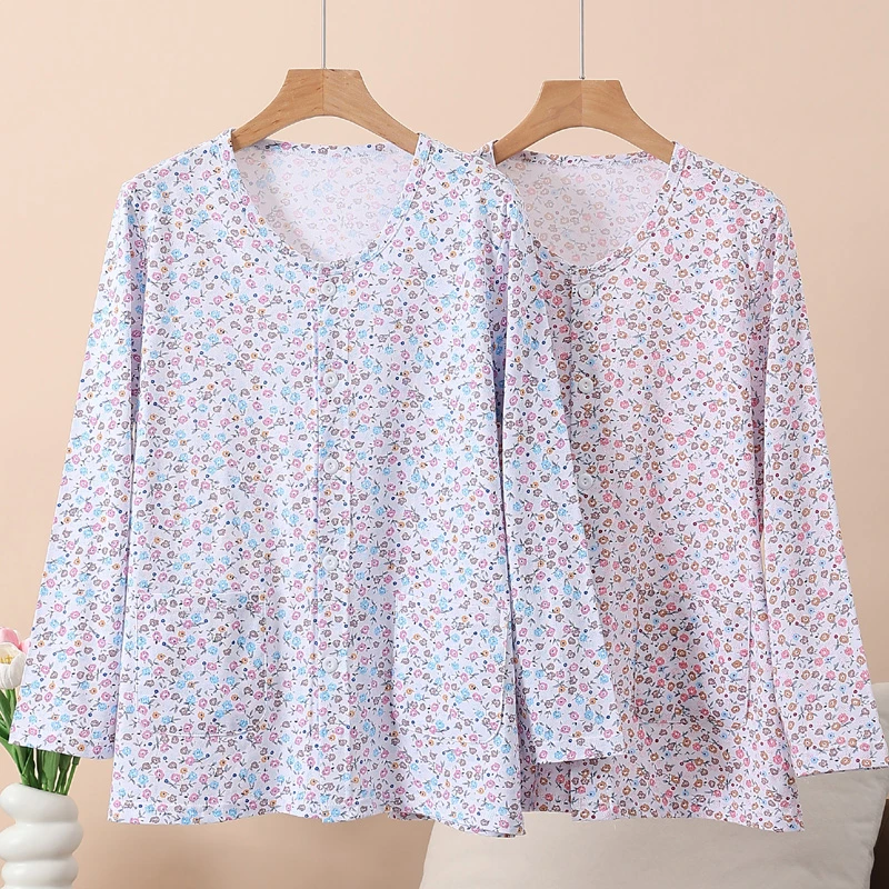 纯棉睡衣中老年女春秋长袖开衫宽松大码全棉妈妈家居服上衣空调衫