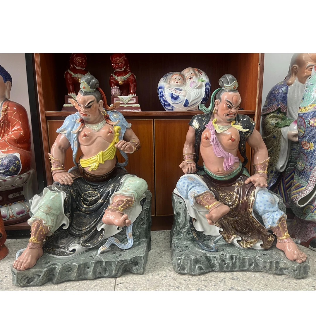 精品哼哈二将护法神像景德镇雕塑瓷门神左右护法哼哈二将吉祥摆件