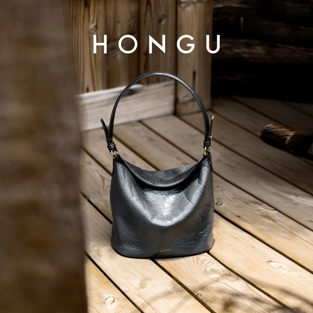 HONGU/红谷2025新款单肩腋下包时尚百搭通勤水桶包头层牛皮女包