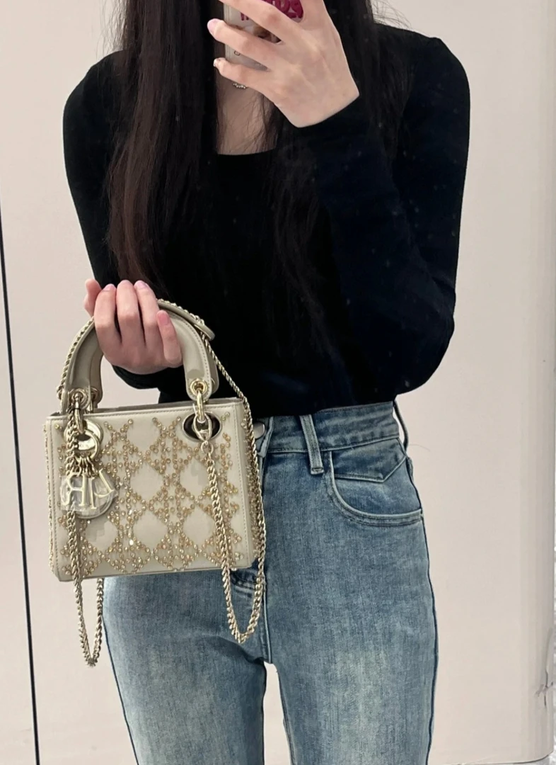 95新 DIOR/迪奥 117436 迪奥串珠三格戴妃手提包