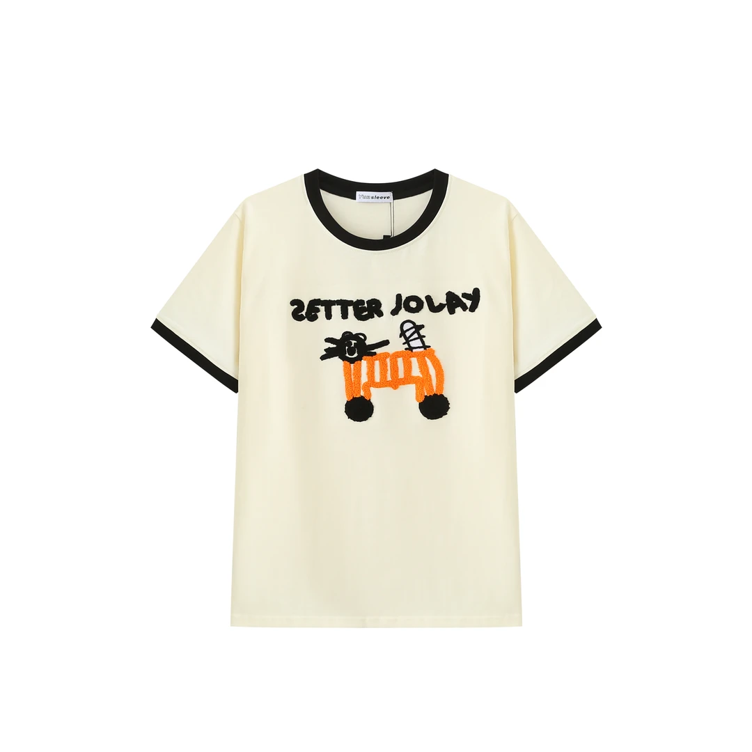 字母刺绣猫咪T恤休闲百搭夏款上衣拼色短袖女X2502