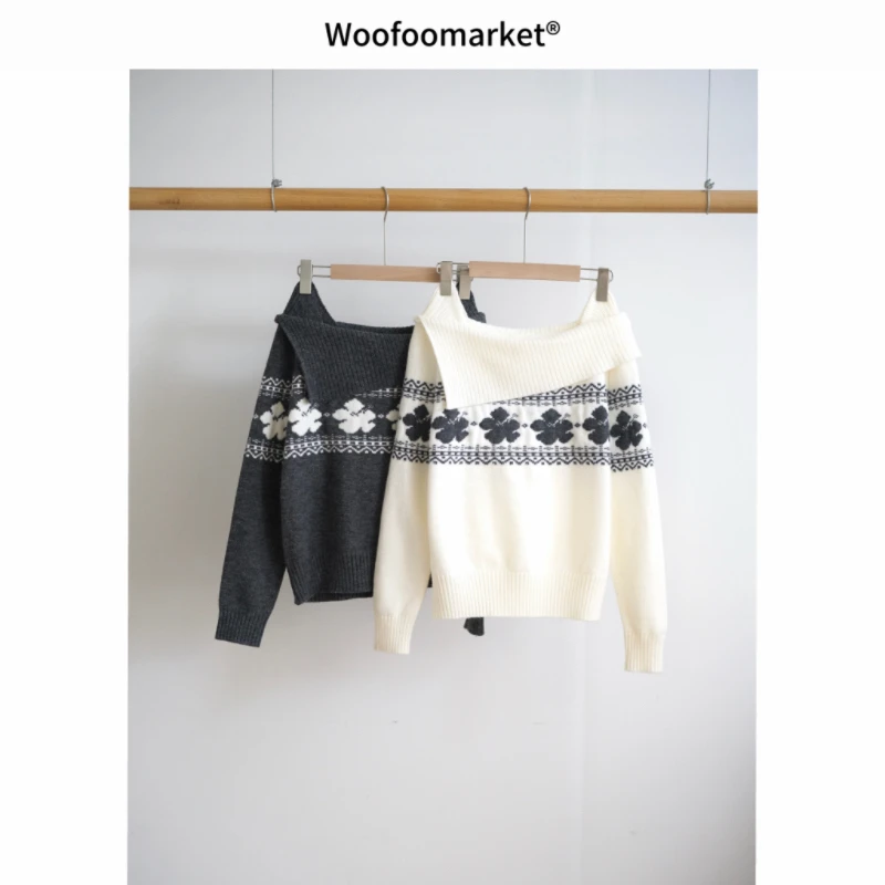 【海街日集】一字肩提花温柔套头长袖毛衣女早春 AWMY499