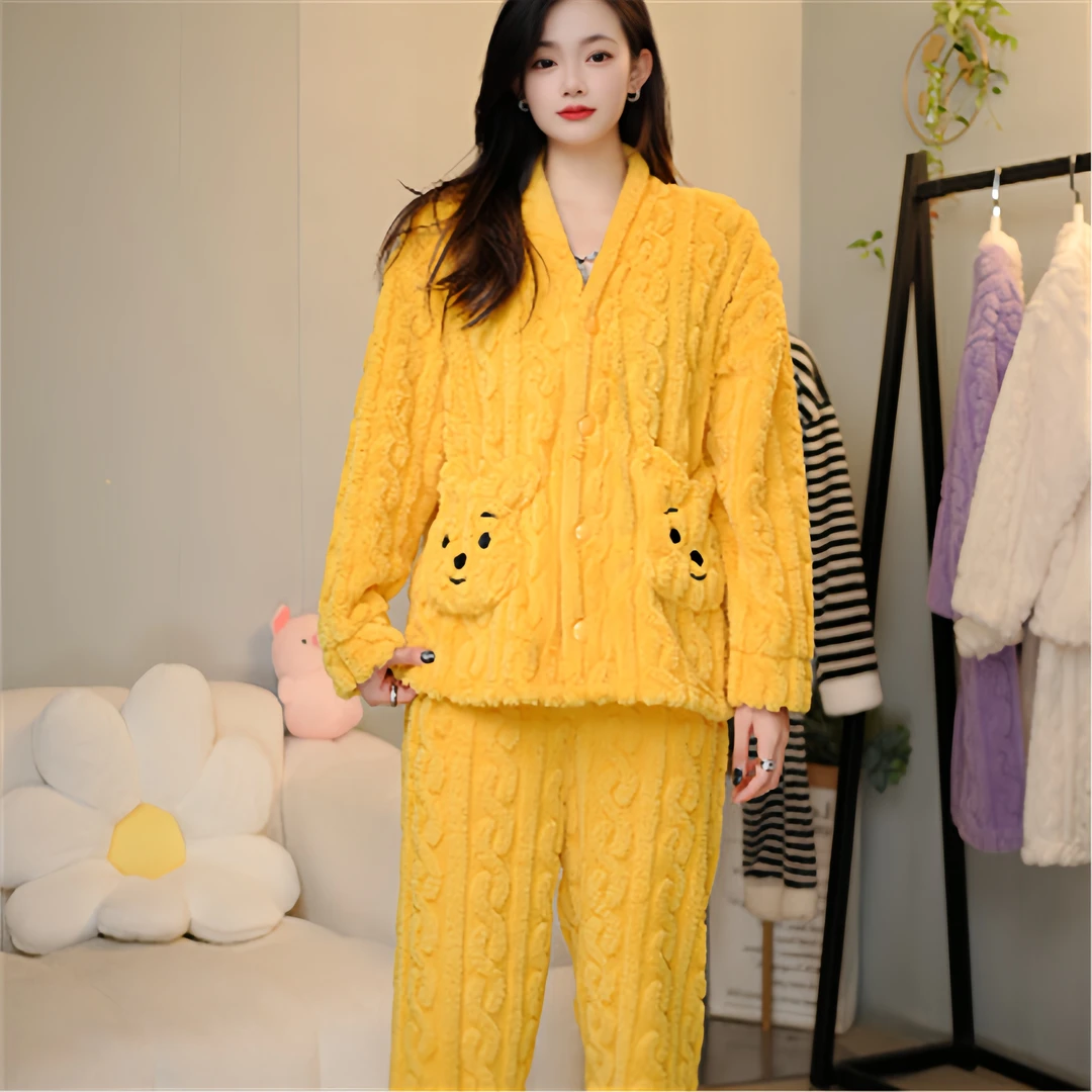 XXY冬季女士厚款V领睡衣套装加绒加厚保暖家居服休闲外穿居家服