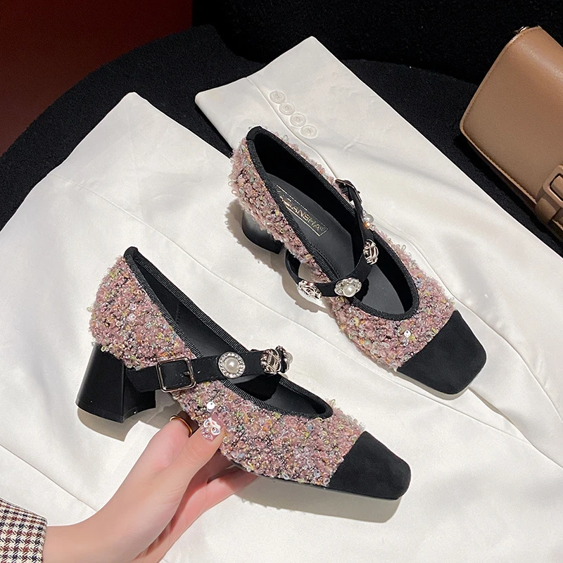 小香风2025新款花呢徽章扣玛丽珍单鞋女一字带跟鞋方根软底宴会