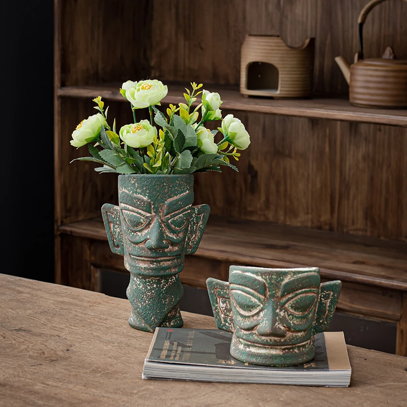 三星堆仿古青铜陶瓷花瓶客厅摆件插花盆轻奢高级感玄关装饰侘寂风