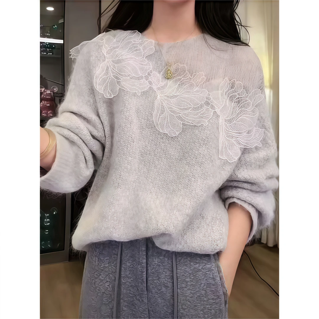 韩版蕾丝花朵毛衣女秋冬新款设计感圆领长袖针织衫ins上衣套头潮