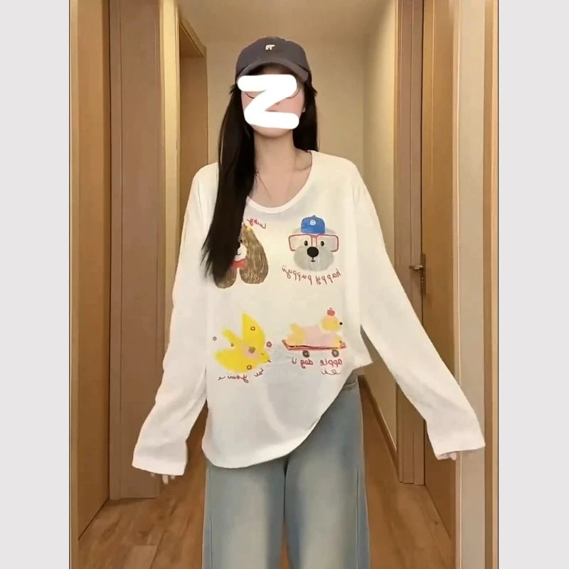 减龄可爱狗狗印花长袖防晒罩衫T恤夏季女百搭宽松慵懒风打底上衣