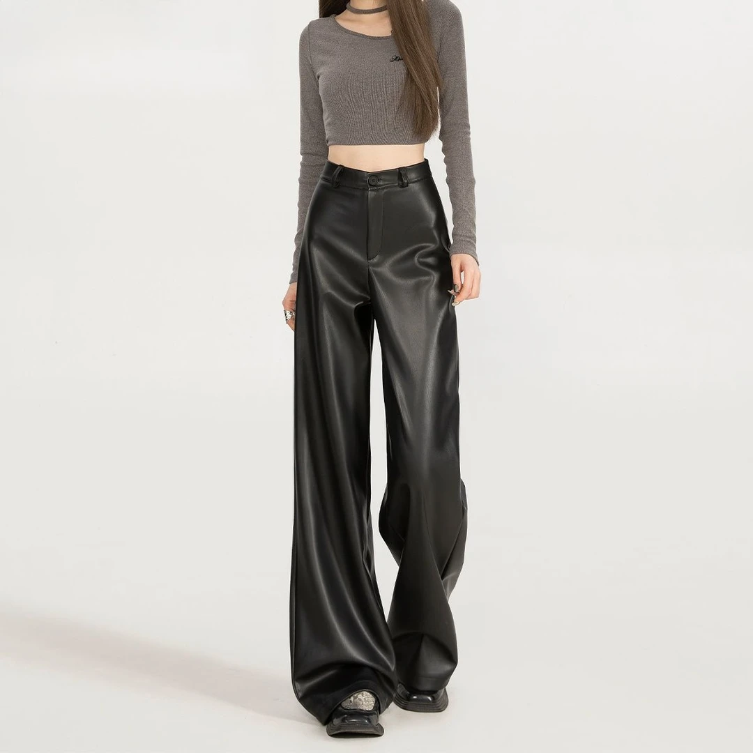 美拉德复古咖色PU皮裤宽松阔腿裤女秋季新款气质高腰显瘦拖地长裤