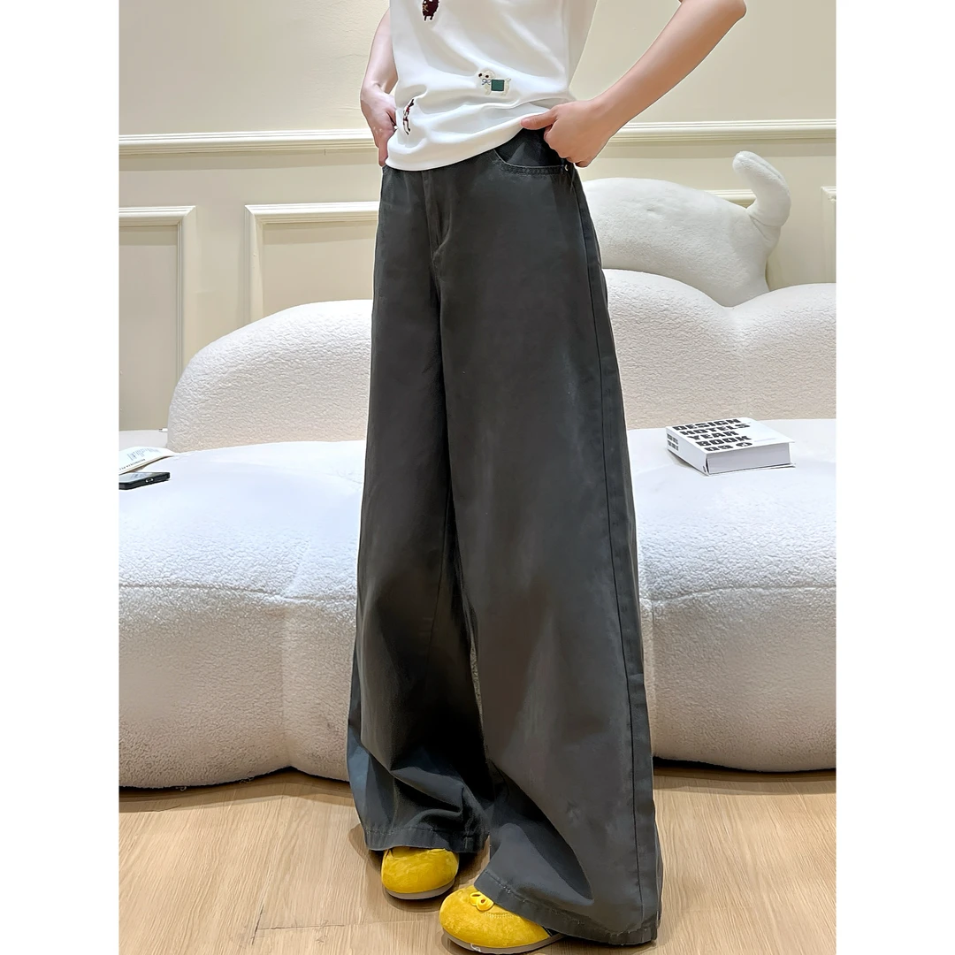 韩代灰裤韩系时尚百搭独特宽松直筒水洗黑辣妹显瘦拖地牛仔裤