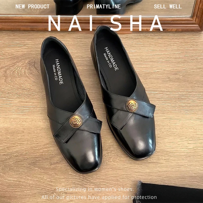 小香风黑色低跟鞋圆头复古百搭软皮软底通勤单鞋春秋季新款蝴蝶结