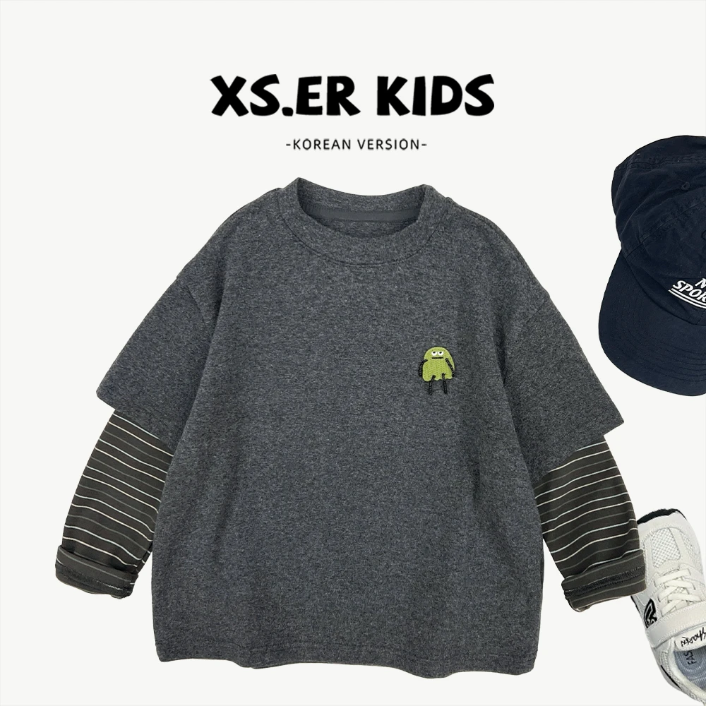 秋季男女童韩版假两件卫衣拼接宽松百搭圆领长袖HBB8032