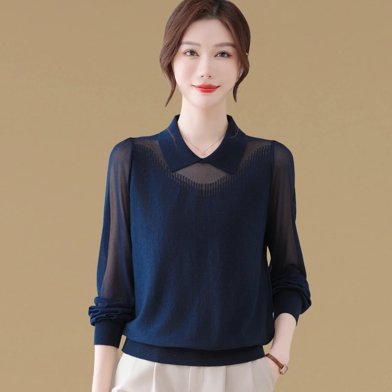 春秋新款高端翻领针织衫女长袖薄款t恤宽松大码套头时尚气质上衣