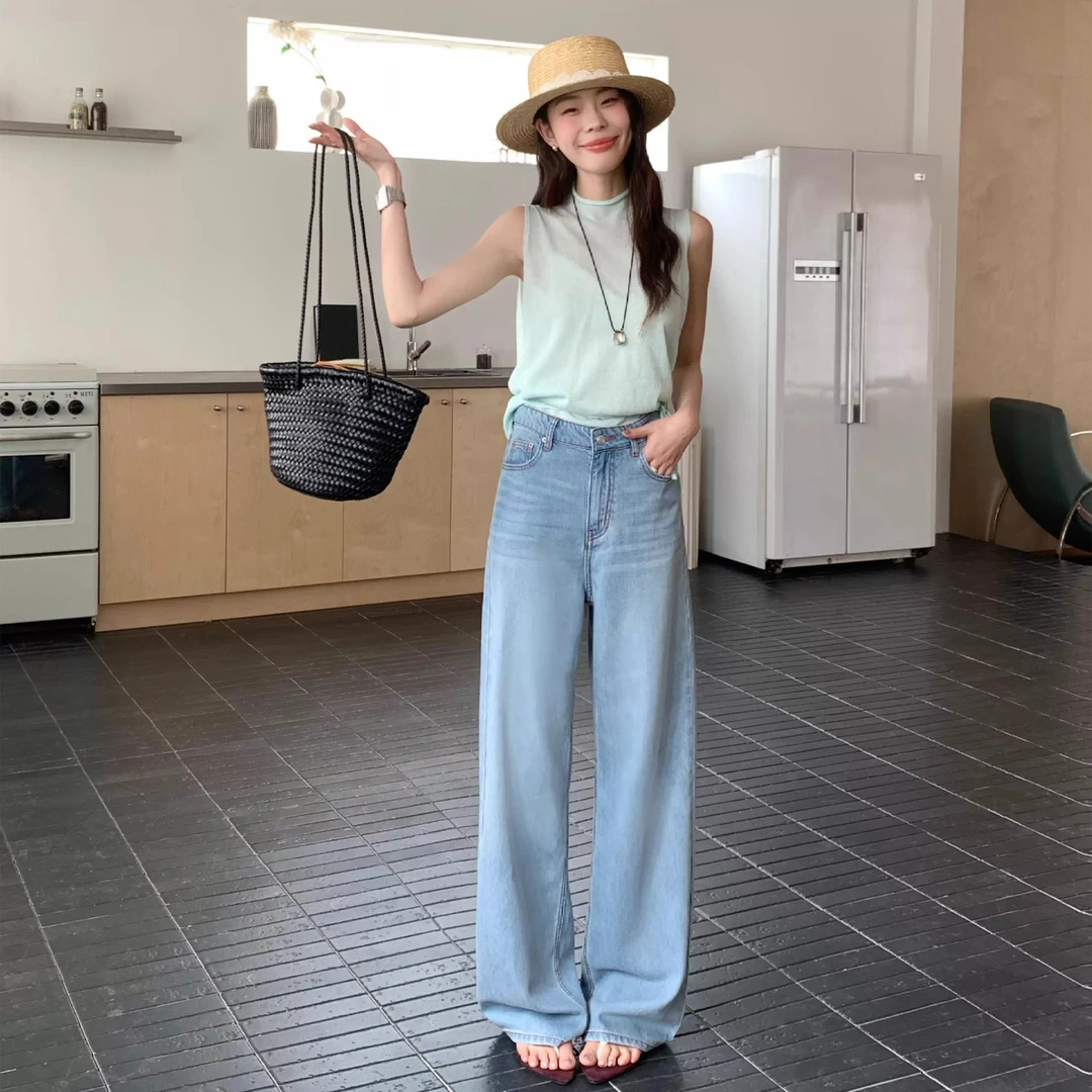 高腰直筒莱赛尔牛仔裤女2025年夏季薄款天丝垂感宽松显瘦阔腿裤子