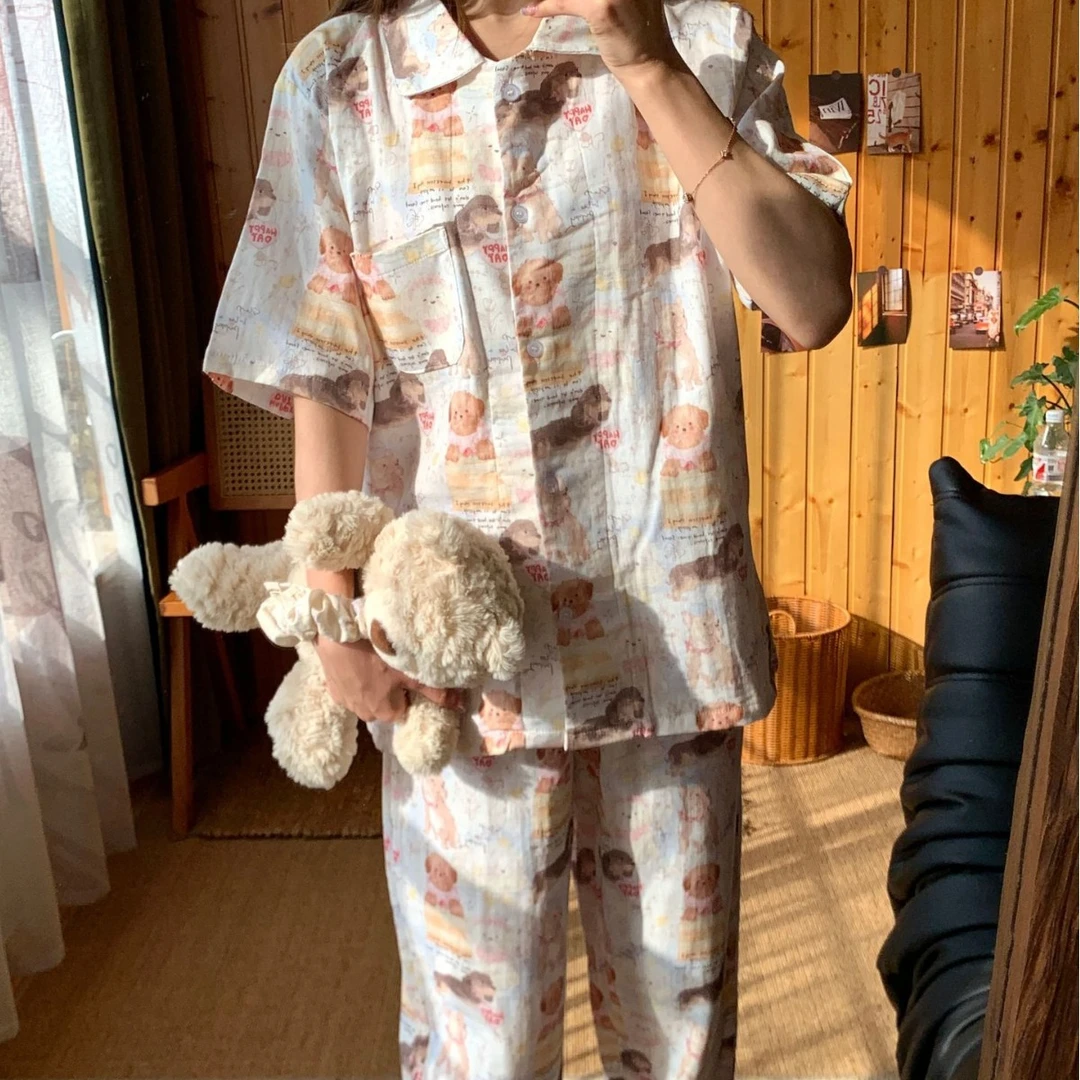 睡个好觉乐园25新纯棉双层纱小翻领家居服睡衣套装半袖袖长裤女款