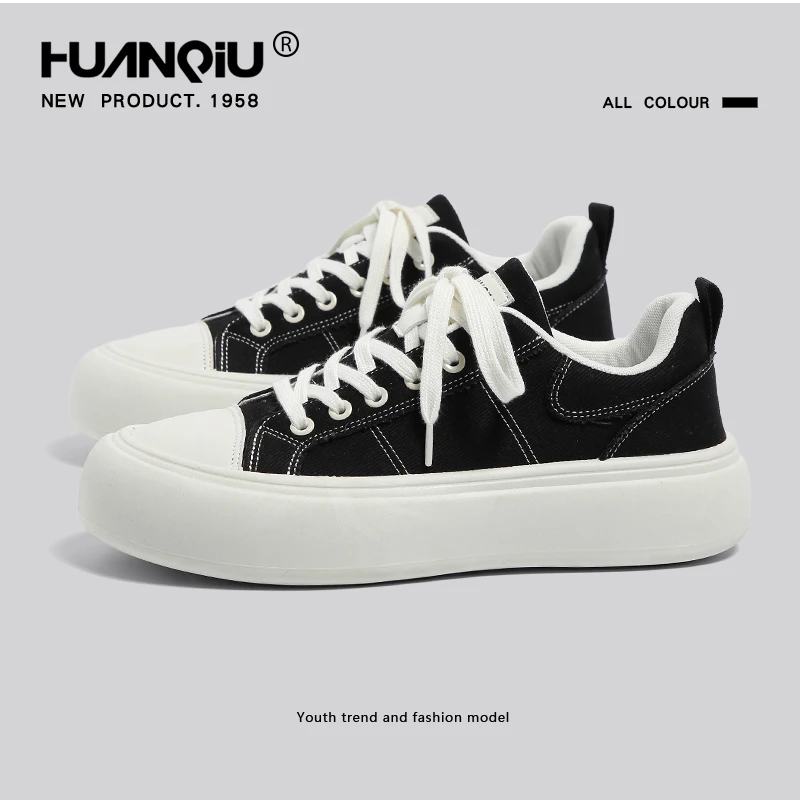 环球黑色帆布鞋男款2025秋季新款厚底百搭潮鞋子透气休闲运动板鞋