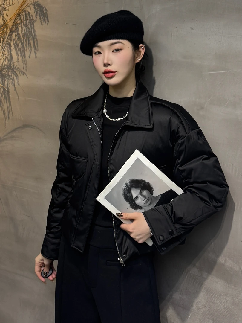 596#欧货休闲立领长袖翻领短款白鹅绒短款羽绒服女冬季小个子外套