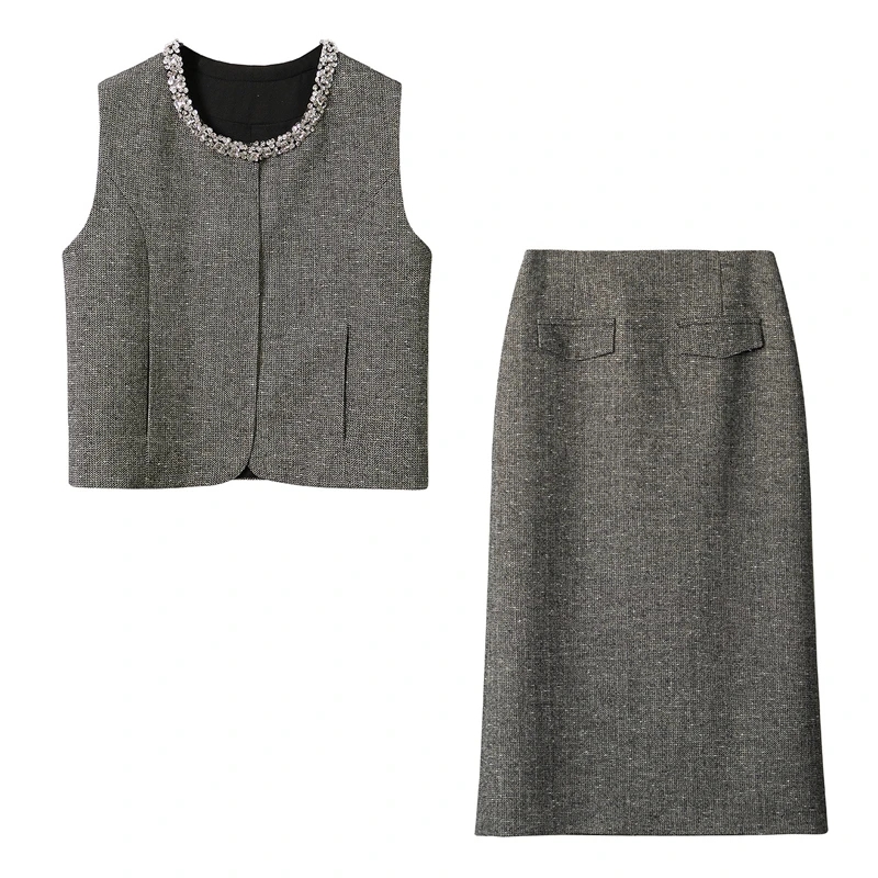 【独设甄选】28990春季新品老钱雷灰时髦无袖外套+半身裙马甲套装