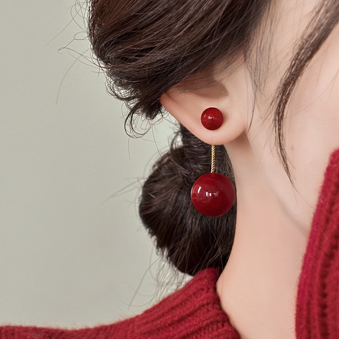 铜合金耳饰 时尚安可拉红珠珠耳钉ins轻奢显瘦两戴式气质温柔耳饰