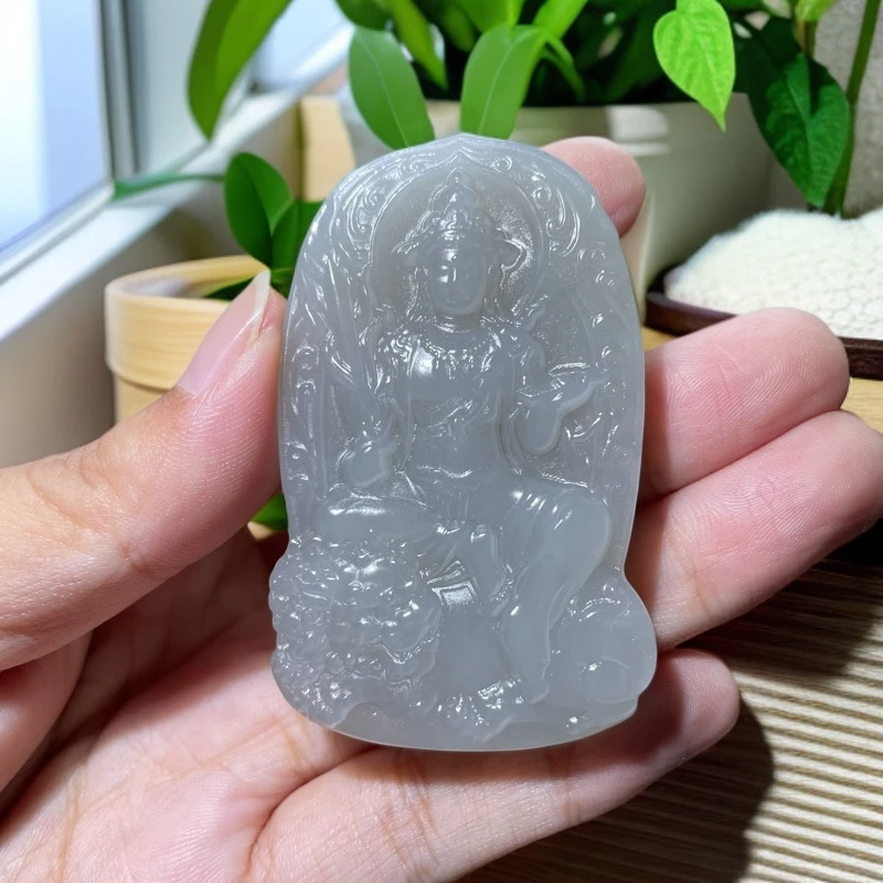 天然和田玉烟紫兔守护文殊菩萨吊坠男女款玉石中国风汉服潮流挂件