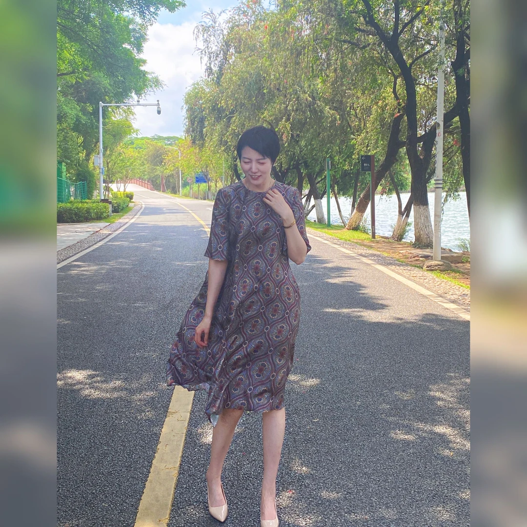 【YAN】圆领复古气质腰果花斜纹绸真丝连衣裙 # LHM422-B9514