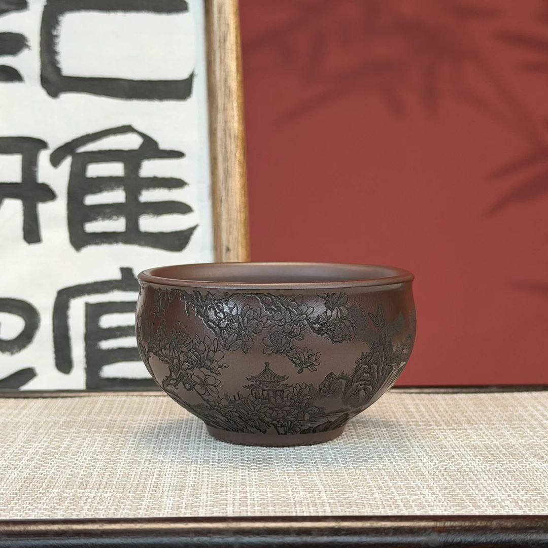 宜兴原矿紫砂石红主人杯刻绘玉兰蝴蝶小容量精致品茗杯家用茶器