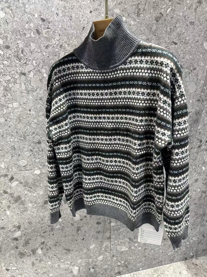 100%美利奴羊毛提花灰色厚款高领毛休闲套头SZ-89552