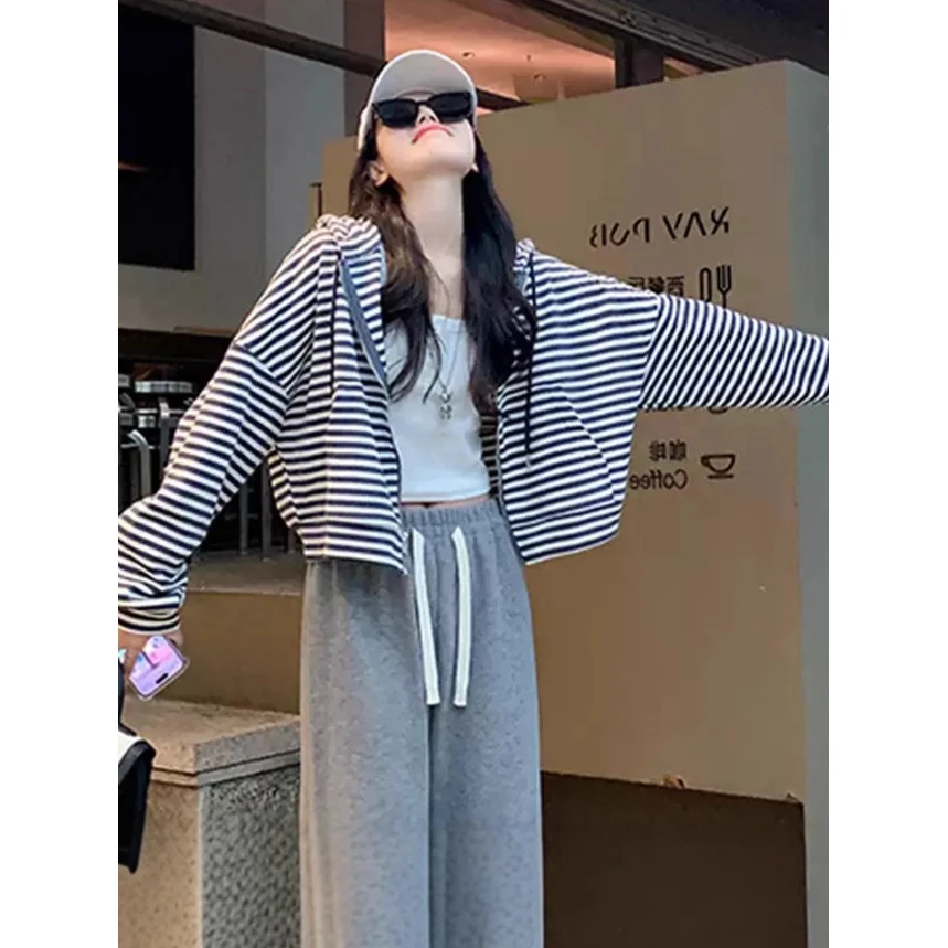 韩系ins条纹连帽卫衣女慵懒风2025秋季穿搭宽松百搭休闲外套上衣