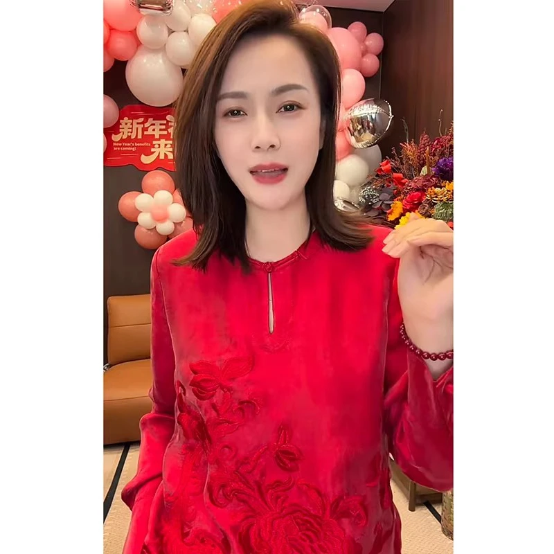 欧洲站2026春季新款时髦气质大方纯色长袖新中式国风长袖上衣女