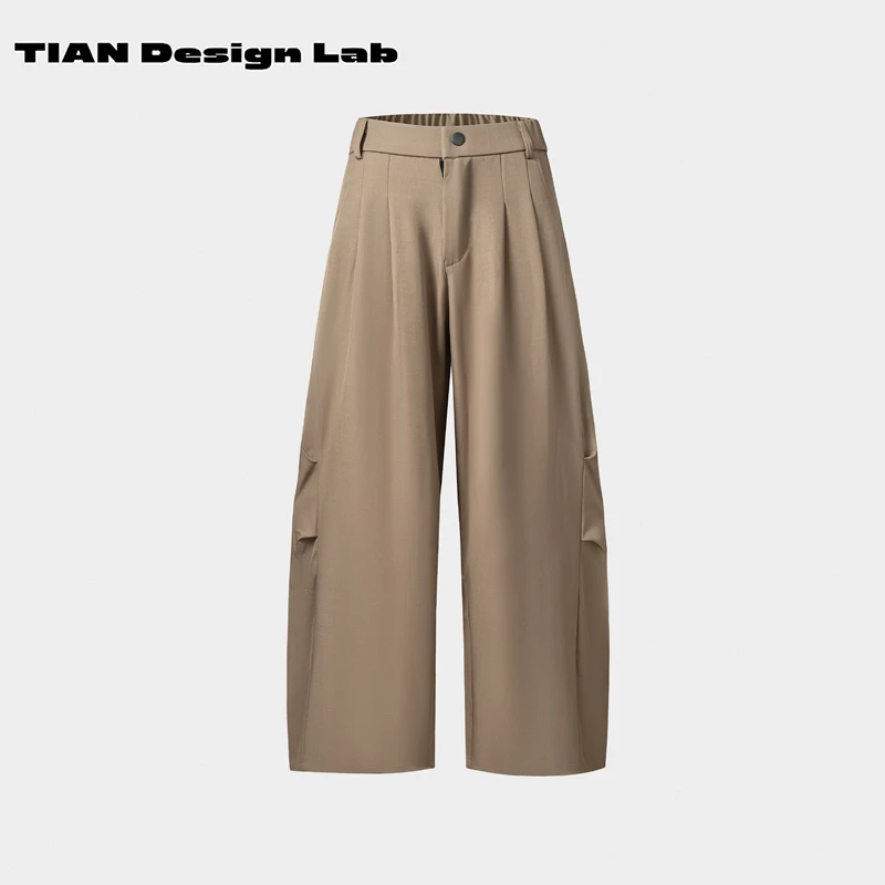 Tian design lab重工高街西装阔腿裤卡其色宽松显瘦弯刀裤休闲裤