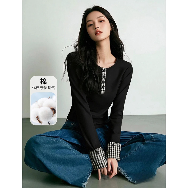 晚白【新品】2025秋上衣圆领棉质韩系拼接T女24111304