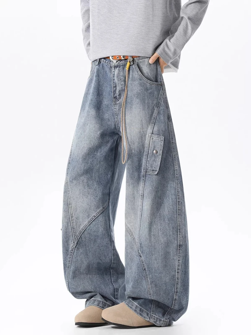 美式大口袋解构加绒牛仔裤男潮牌冬季高街宽松复古加厚阔腿长裤子