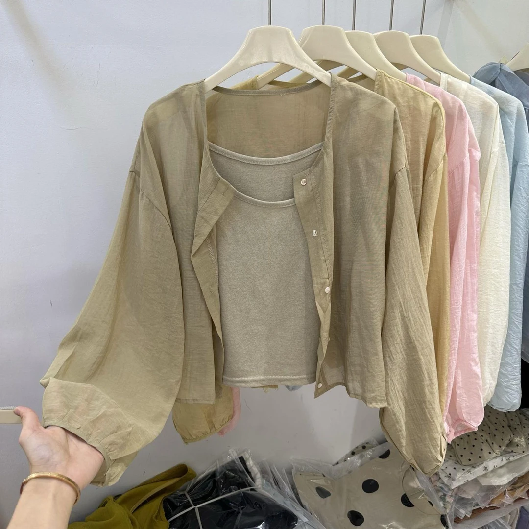 韩版薄款圆领长袖防晒衬衫+性感吊带背心两件套女上衣2024年早秋