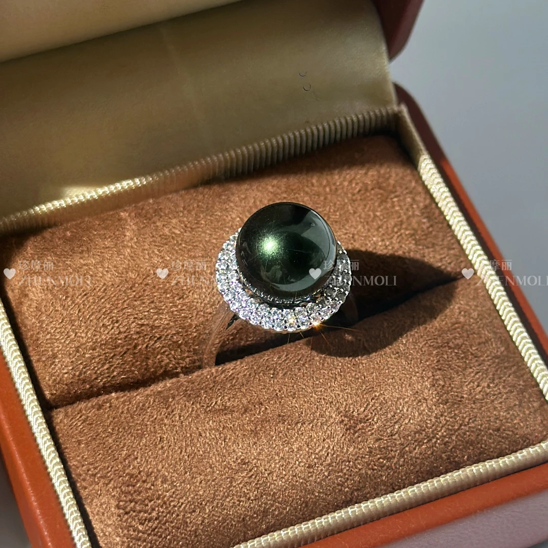 铜合金仿珍珠戒指 【汤圆】12mm黑绿色优雅戒指开口可调节 F1-020