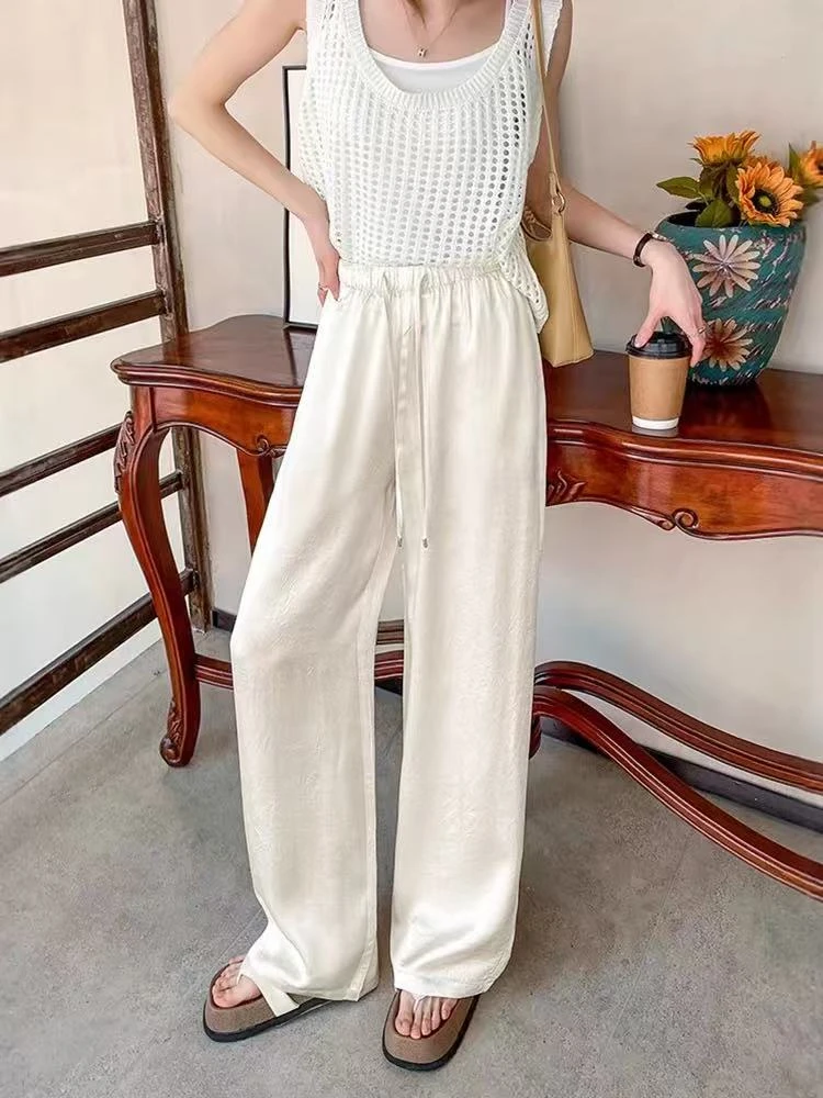 花纹珠光双缎面醋酸抓花顺滑凉感拖地垂感直筒裤740