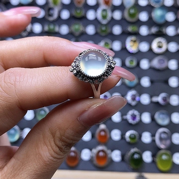 岫玉戒指银S925镶嵌国***菜