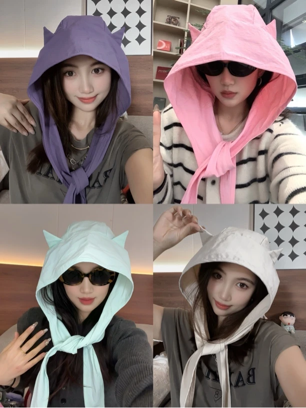 小恶魔绑带速干防晒遮阳帽女薄款护耳头巾帽子可爱猫耳朵渔夫帽子