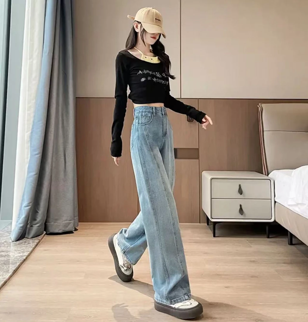 2025新款蓝色牛仔裤窄版直筒宽松阔腿裤小个子女款裤子显瘦高腰裤