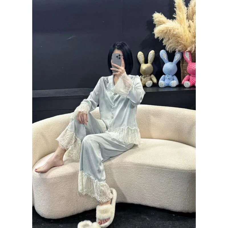 韩版春秋气质舒适款长袖设计师款休闲粉色家居服套装女