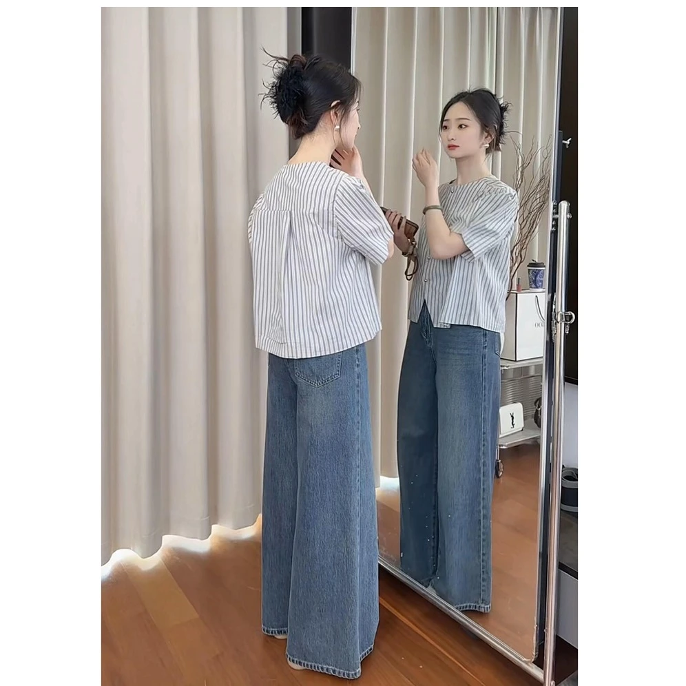 欧货小个子穿搭一整套高级感干练气质活泼减龄休闲条纹上衣裤子夏