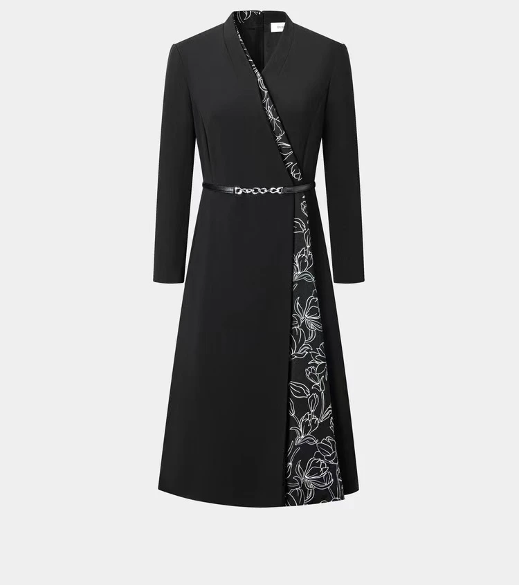 H267【宝】女装通勤知性印花叠片撞色拼接收腰连衣裙