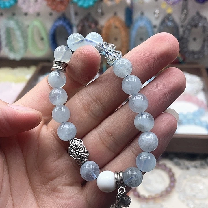 银S925镶嵌手链烟晶海蓝宝diy