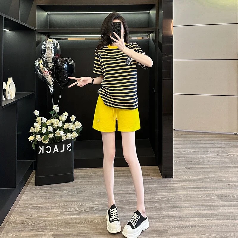 时尚套装夏装短袖条纹运动显瘦女装上衣阔腿夏季减龄条纹两件套女