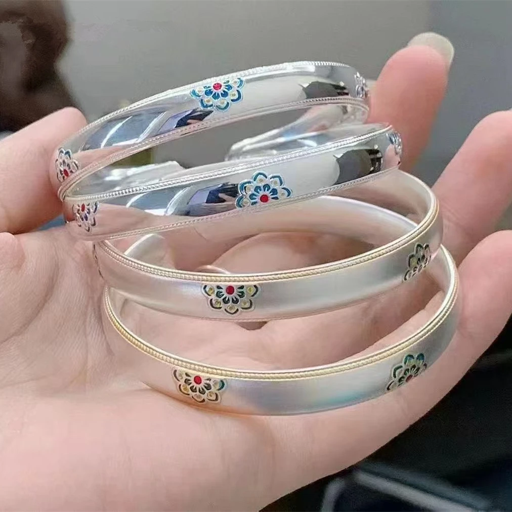 足银手镯 35克足银999.9国潮珐琅彩贵妃宝相花手镯