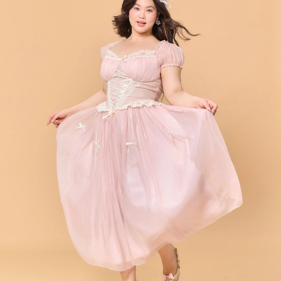 LaceMade大码女装 粉雾仙子 法式仙女粉色公主裙长款鱼骨连衣裙女