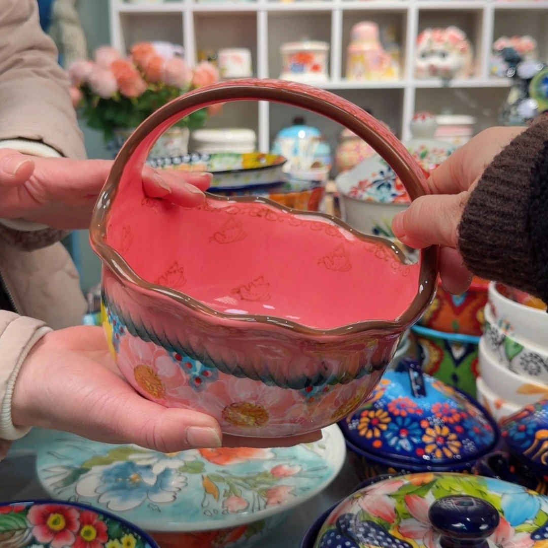 瓷6.5英寸粉樱花手提篮一只